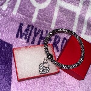 Silver-Tone Stretch Bracelet with Rhinestone Heart Charm in red gift box
